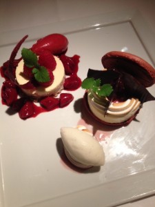 Raspberry Cheesecake and Black Forest Macaron & vanilla ice cream